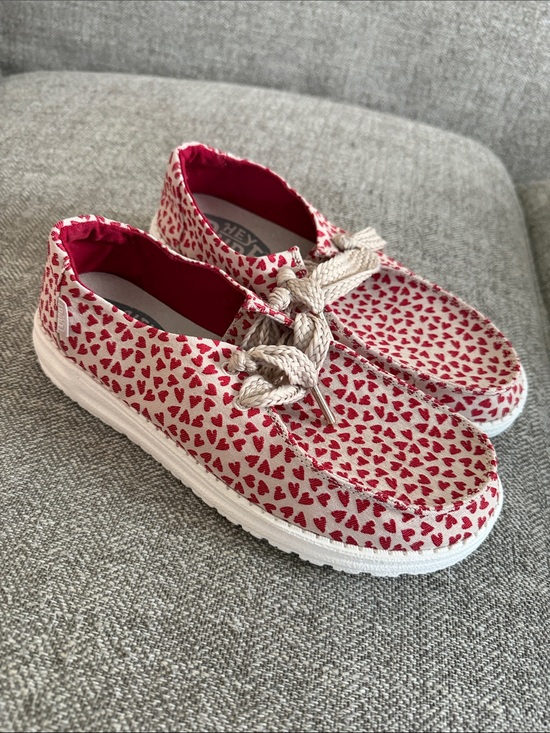 Hey Dude Shoes - Hey Dude Wendy Love Canvas Slip-Ons - Red Hearts on Cream